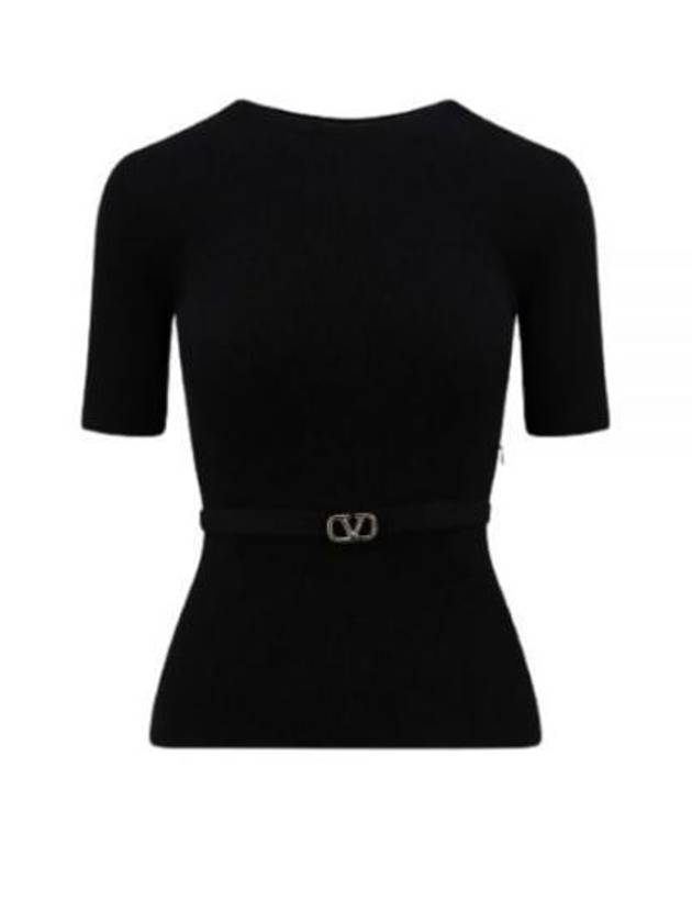 V Metal Logo Belt Detail Wool Knit Top Black - VALENTINO - BALAAN 2