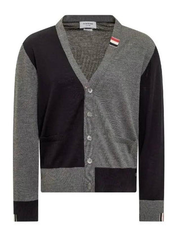 MKC489 FY1014 415 Twotone tab wool cardigan gray - THOM BROWNE - BALAAN 1