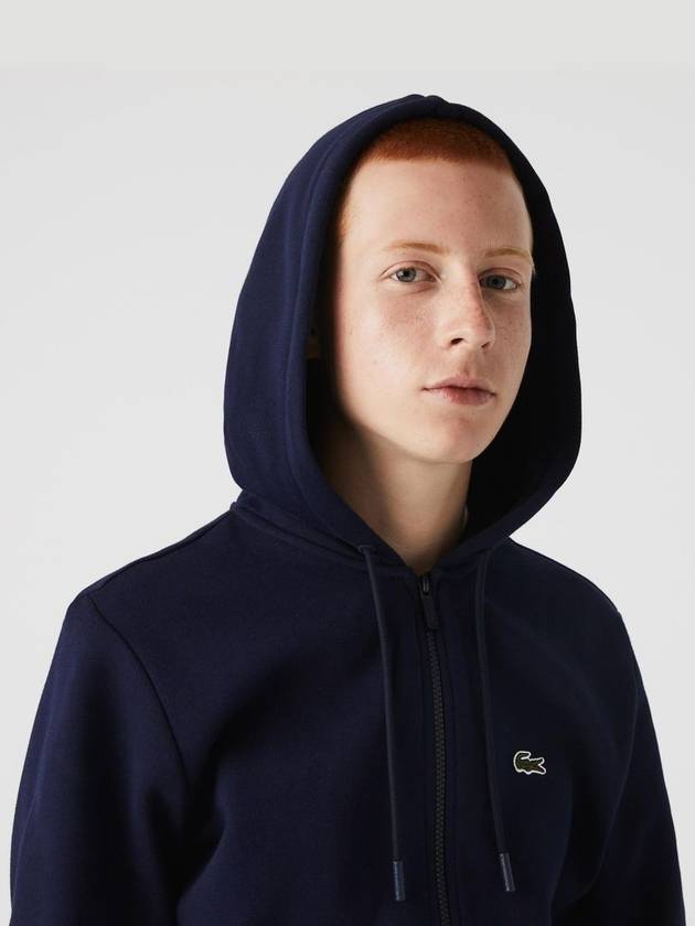 Embroidery Logo Kangaroo Pocket Fleece Zip Up Hoodie Navy - LACOSTE - BALAAN 4