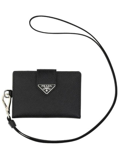 Triangle Logo Saffiano Strap Card Wallet Black - PRADA - BALAAN 1