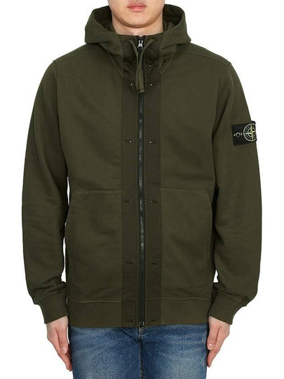 Brushed Cotton Fleece Garment Dyed Hooded Zip Up Olive Green - STONE ISLAND - BALAAN 2