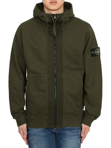 Brushed Cotton Fleece Garment Dyed Hooded Zip Up Olive Green - STONE ISLAND - BALAAN 1