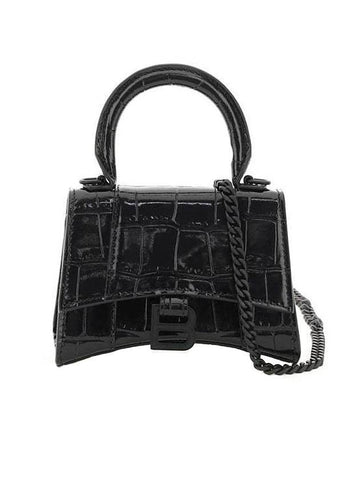 Hourglass Chain Crocodile Embossed Calfskin Shoulder Bag Black - BALENCIAGA - BALAAN 1