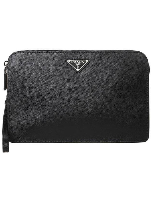 Saffiano Leather Pouch Clutch Bag Black - PRADA - BALAAN.