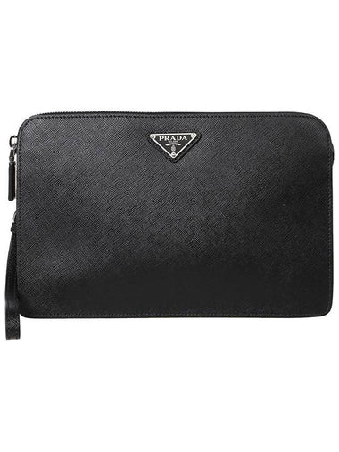 Triangle Logo Saffiano Leather Clutch Bag Black - PRADA - BALAAN 1