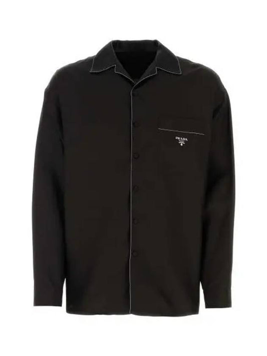 Embroidered Logo Pocket Silk Long Sleeve Shirt Black - PRADA - BALAAN 2