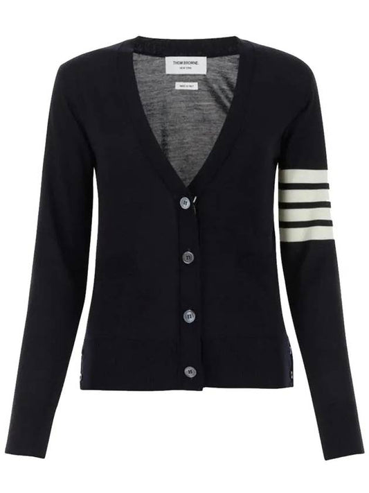 Sustainable Fine Merino Wool 4-Bar Relaxed Fit V-Neck Cardigan Navy - THOM BROWNE - BALAAN 2