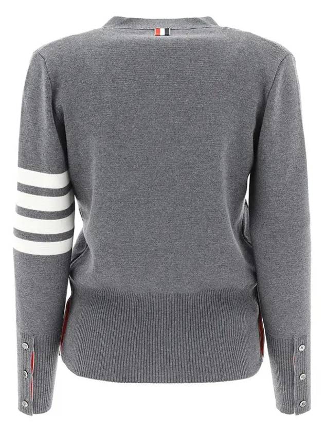 Milano Stitch 4 Bar Classic V Neck Fine Merino Wool Cardigan Medium Grey - THOM BROWNE - BALAAN 3