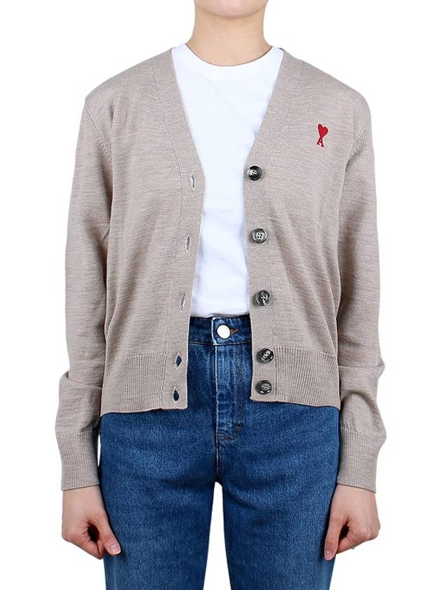 Heart Logo Wool Cardigan Light Beige - AMI - BALAAN 4