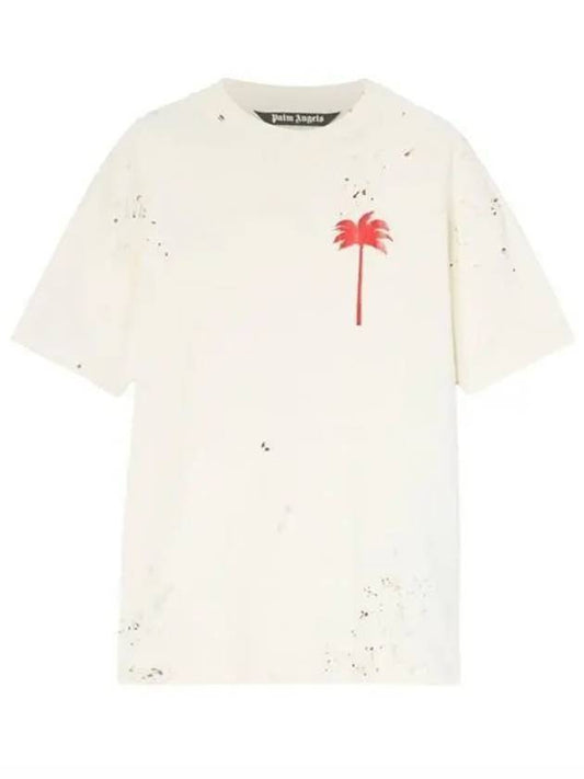 Palm Tree Painted Cotton Short Sleeve T-Shirt Ivory - PALM ANGELS - BALAAN 1