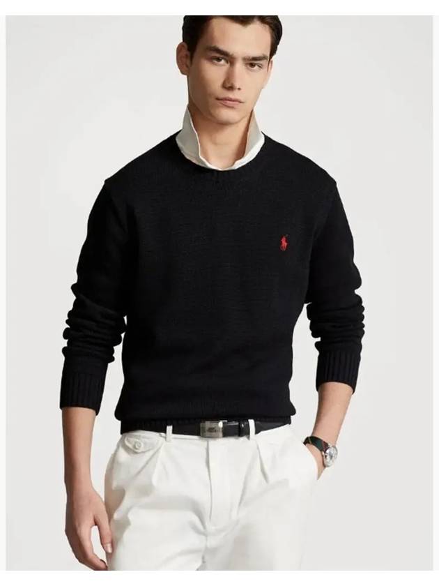 Embroidered Pony Logo Crew Neck Cotton Knit Top Black - POLO RALPH LAUREN - BALAAN 6