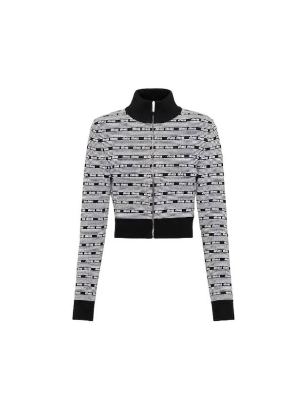 Striped Logo Viscose Turtleneck Cardigan Black White - MIU MIU - BALAAN 2