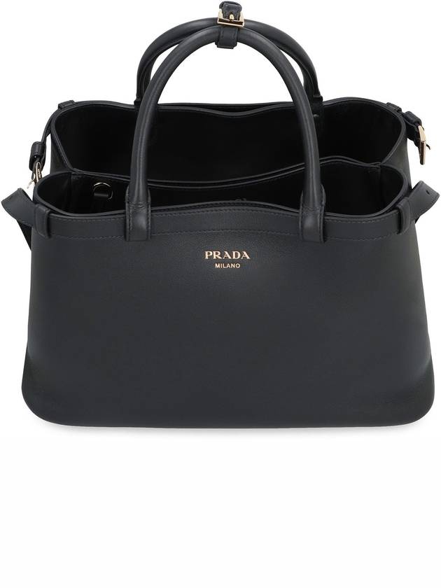 Double Belt Buckle Medium Leather Hand Tote Bag Black - PRADA - BALAAN 8