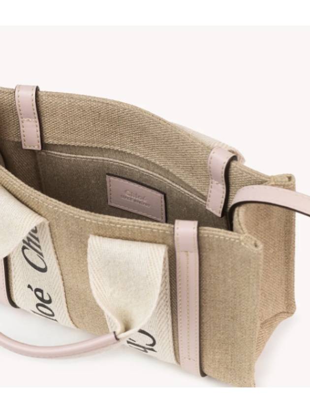 Woody Linen Canvas Calfskin Tote Bag Cement Pink - CHLOE - BALAAN 4