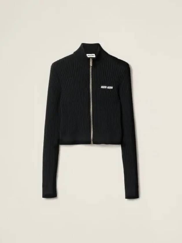 Logo Patch Rib High Neck Zip-Up Wool Cardigan Black - MIU MIU - BALAAN 2