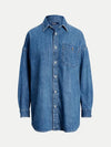 Women's Oversized Logo Embroidery Long Denim Shirt Light Blue - POLO RALPH LAUREN - BALAAN 2