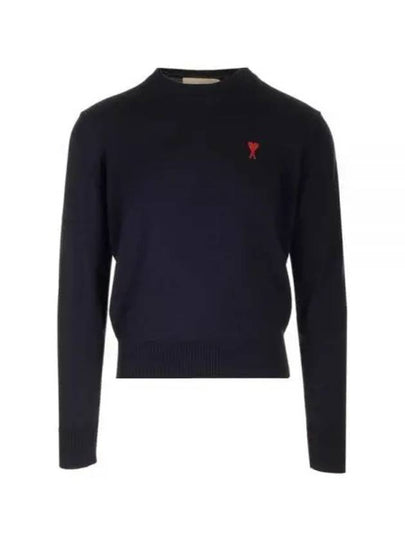 Heart Embroidered Logo Crew Neck Knit Top Navy - AMI - BALAAN 2