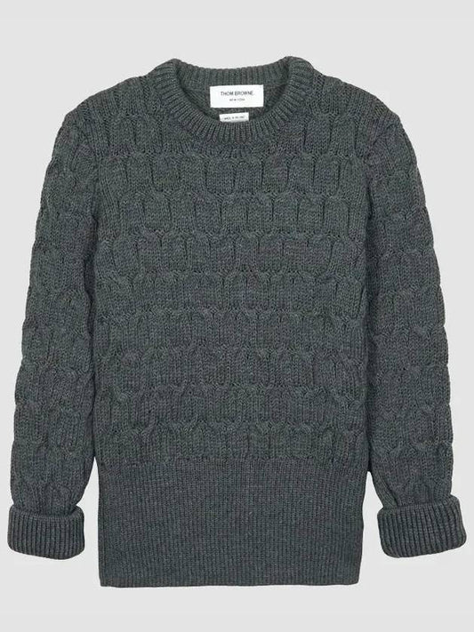 Merino Crisscross Cable Stitch Crewneck Knit Top Grey - THOM BROWNE - BALAAN 2