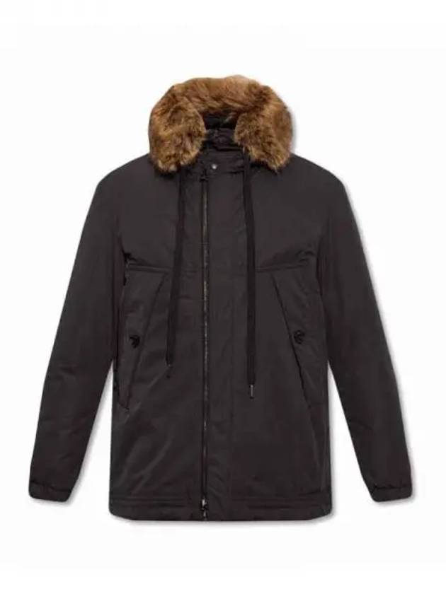 POUPAUD arm logo patch fur hood semi long reversible down jacket black khaki men s padding 233358 - MONCLER - BALAAN 1