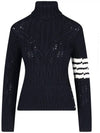 Women's Irish Pointel Cable Merino Wool 4 Bar Turtleneck Navy - THOM BROWNE - BALAAN.