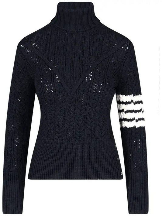 Women's 4 Bar Irish Pointelle Cable Merino Wool Turtleneck Navy - THOM BROWNE - BALAAN 1