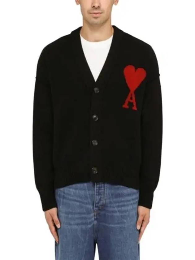 Heart Logo V Neck Wool Cardigan Black - AMI - BALAAN 4