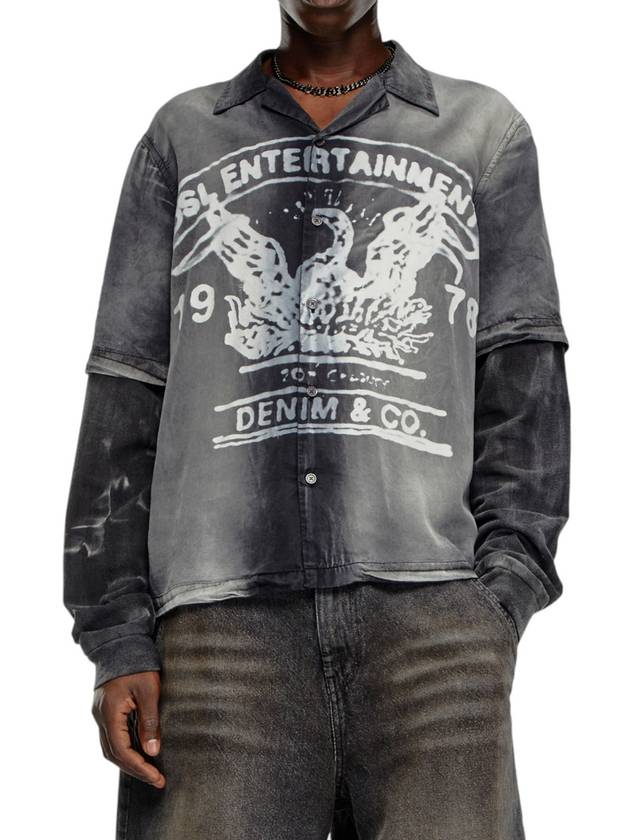 S Eeklo Logo Graphic Faded Bowling Long Sleeve Shirt Black Grey - DIESEL - BALAAN 2