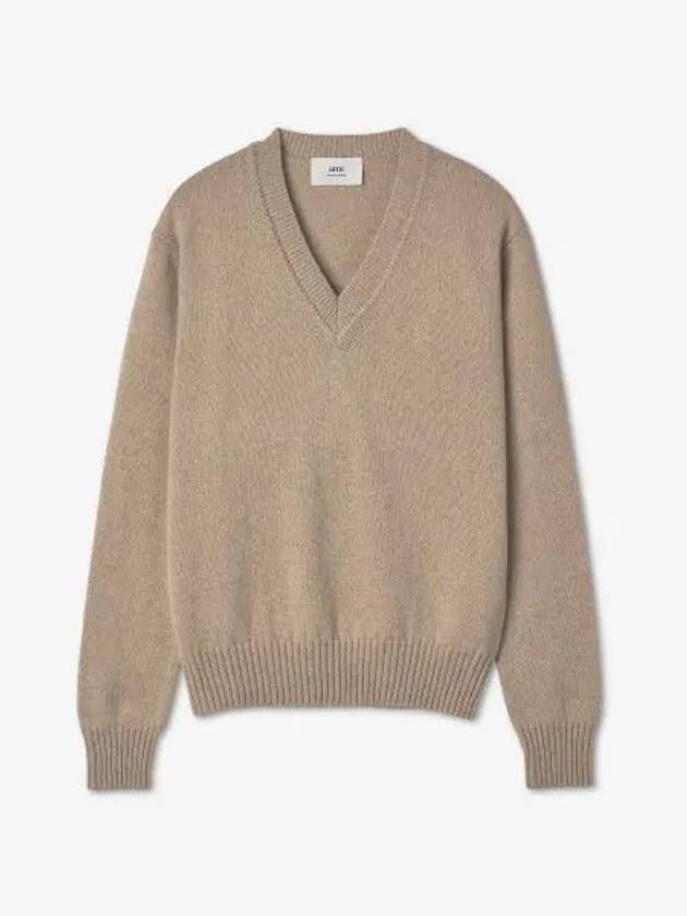 Men's Heart Logo V-Neck Cashmere Knit Top Beige - AMI - BALAAN 2