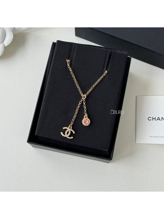 CC Logo Pink Crystal Drop Necklace Gold Chain Length Adjustable ABB684 - CHANEL - BALAAN 1