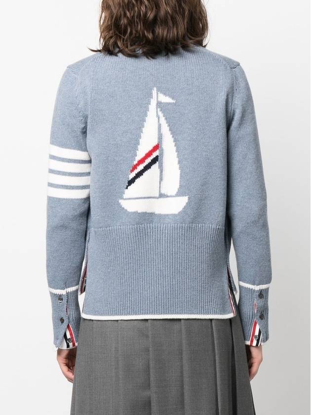 Women's Fine Merino Jersey Sailboat 4 Bar Boxy V Neck Cardigan Dark Blue - THOM BROWNE - BALAAN 5