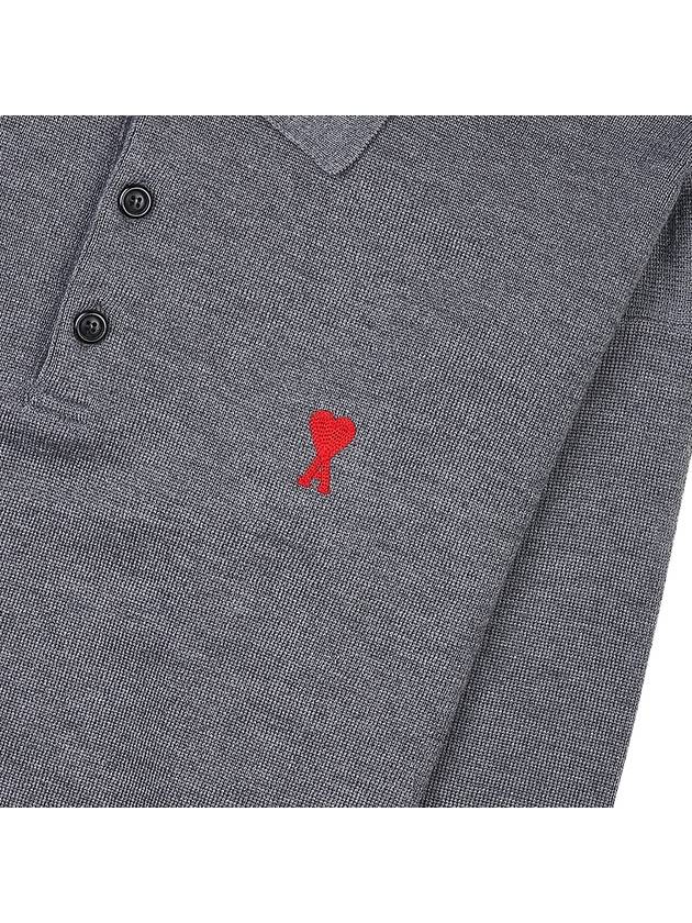 Small Heart Extra Fine Merino Wool Polo Shirt Grey - AMI - BALAAN 7