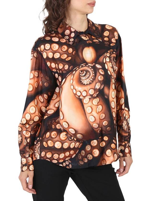 Silk Twill Octopus Print Long Sleeve Oversized Shirt in Brown - BURBERRY - BALAAN 4