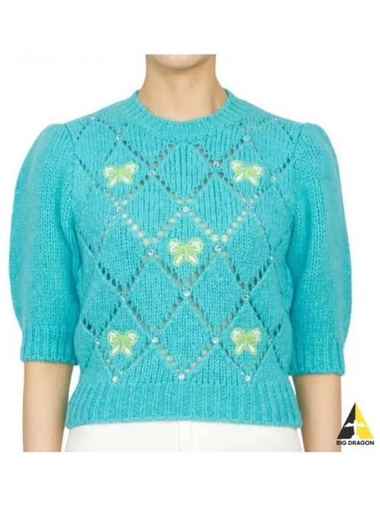 Women's Butterfly Embroidered Knit Top Blue - ALESSANDRA RICH - BALAAN 2