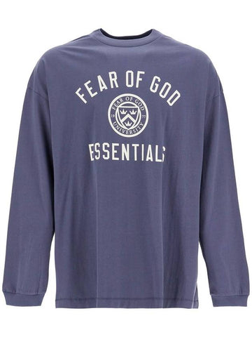 Essential Logo Printed Cotton Long Sleeve T-Shirt Navy Blue - FEAR OF GOD ESSENTIALS - BALAAN 1