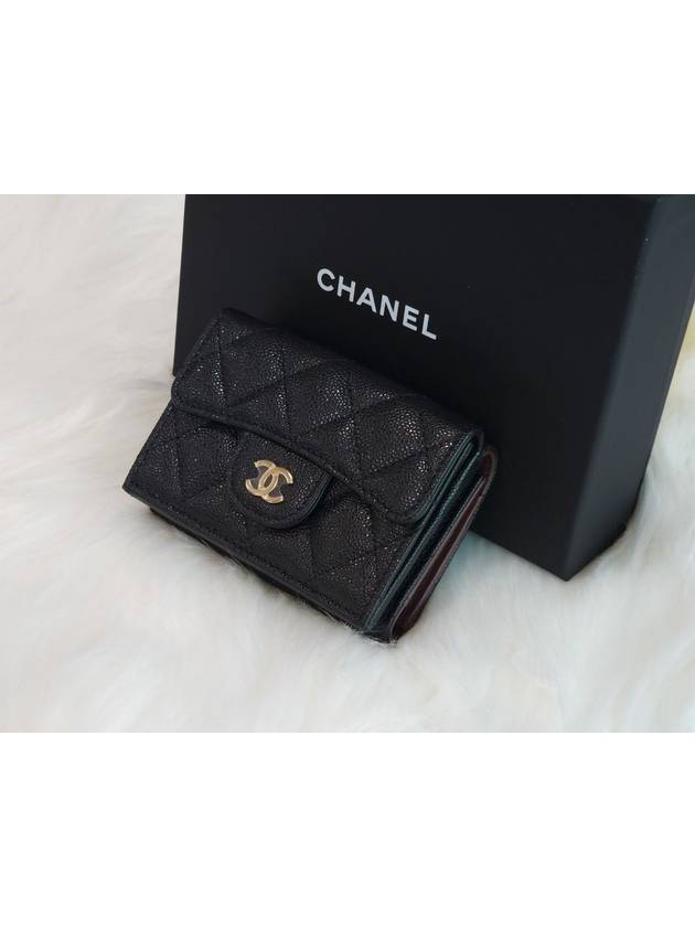 Classic Small Flap Wallet Grained Shiny Calfskin Gold Black - CHANEL - BALAAN 5