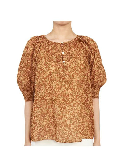 Women's Flower Print Puff Sleeve Cotton Blouse Brown - VANESSA BRUNO - BALAAN 2