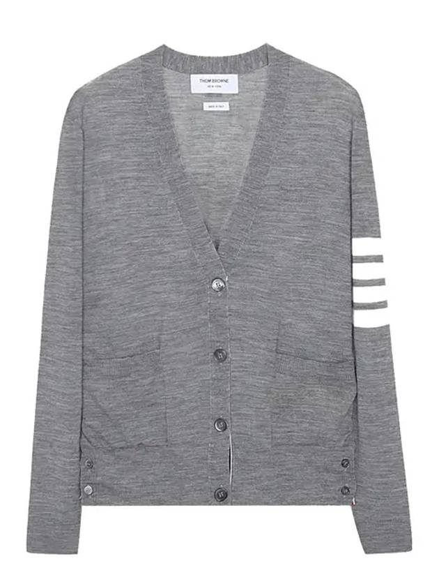 Sustainable Fine Merino Wool 4-Bar Relaxed Fit V-Neck Cardigan Light Grey - THOM BROWNE - BALAAN 2