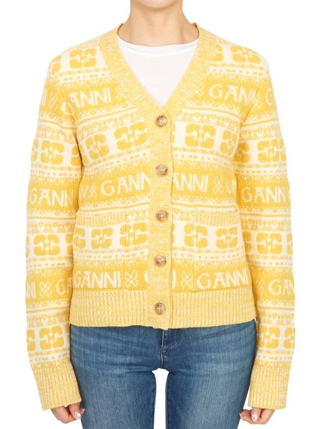 Intarsia Logo Wool V-Neck Cardigan Yellow - GANNI - BALAAN 2