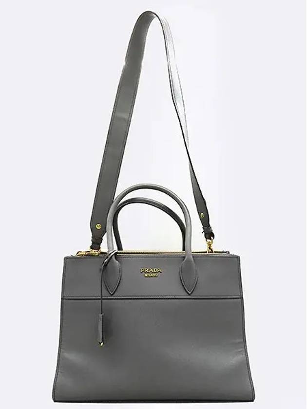 1BA130 Gray Leather Paradigma Saffiano Tote Bag Shoulder Strap - PRADA - BALAAN 2