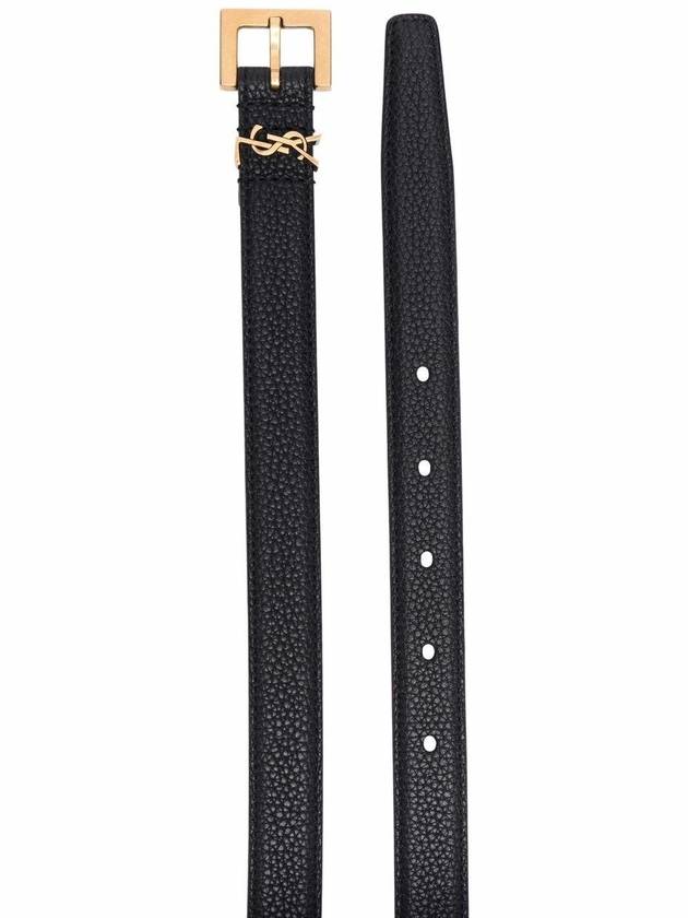 Cassandre Grained Leather Square Buckle Thin Belt Black - SAINT LAURENT - BALAAN 3