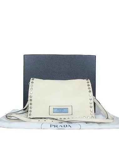 1BD082 White Color GLACE CALF Stud Etiquette Shoulder Bag - PRADA - BALAAN 1