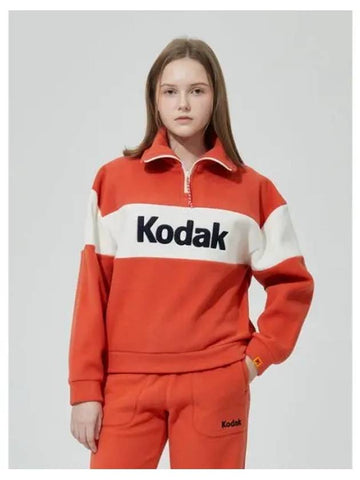 KODAK Apparel Big Logo Block Microfleece Semi Overfit Half Zip Up Sweatshirt Women ORANGE - KODO - BALAAN 1