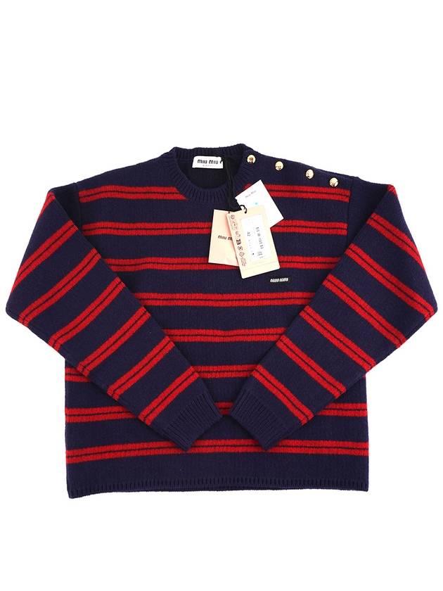 Striped Logo Shetland Wool Crew Neck Knit Top Red Blue - MIU MIU - BALAAN 2