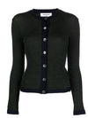 Wool Ribbed Contrast Trim Crewneck Cardigan Dark Green - THOM BROWNE - BALAAN 1