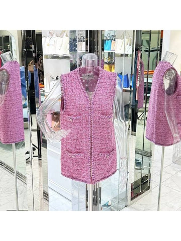 22P Tweed Long Vest 40 Pink 3ET2078 - CHANEL - BALAAN 1