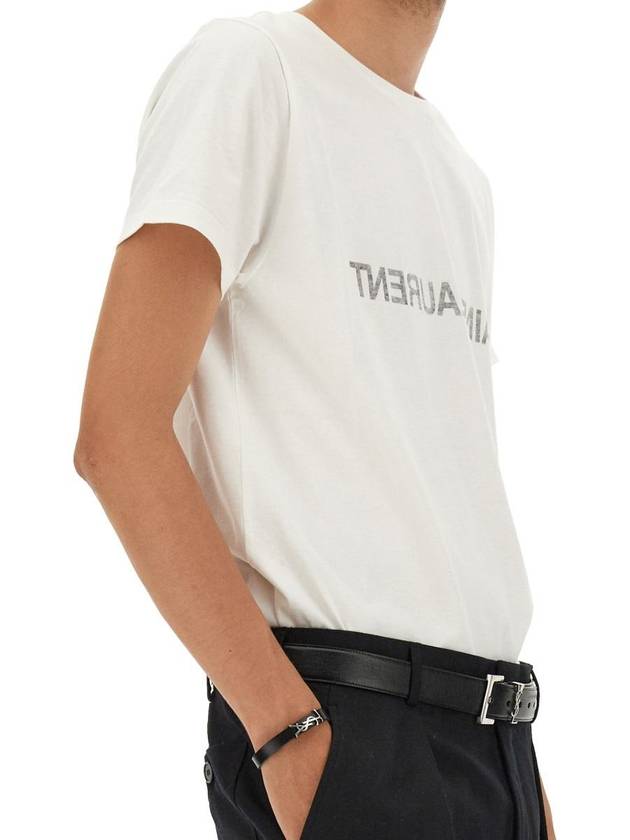 Reverse Logo Print Cotton Short Sleeve T-Shirt White - SAINT LAURENT - BALAAN 4