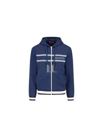 Logo Stripe Print Zip Up Hoodie Midnight Blue - GUCCI - BALAAN 2