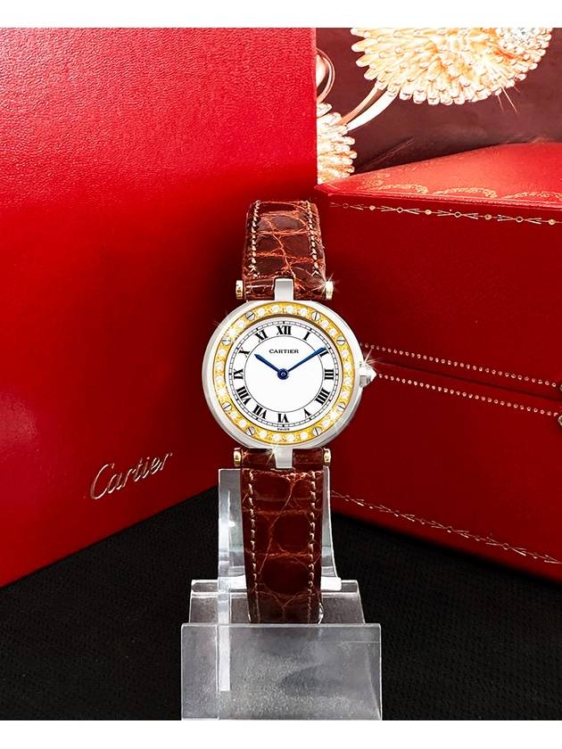 Santos Round White Dial Brown Crocodile Leather Band Women s Diamond Watch - CARTIER - BALAAN 10