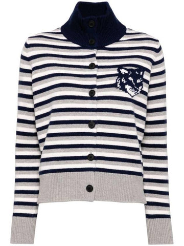 Fox Head Intarsia Striped Regular Cardigan Navy - MAISON KITSUNE - BALAAN 1