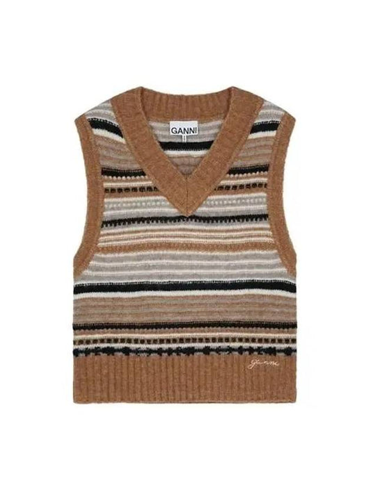 Striped Soft Wool Knit Vest Brown - GANNI - BALAAN 2